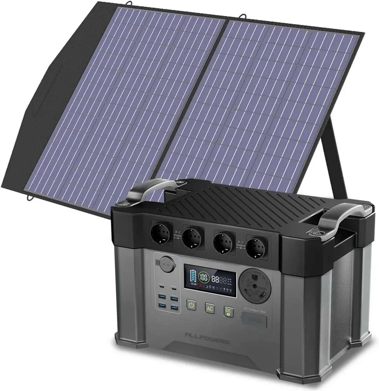 Générateur Solaire Portable ALLPOWERS S2000Pro 1451Wh avec Panneaux 100W, Charge Rapide 80% en 1h, 4 Prises AC 2400W, Idéal pour Camping et Jardin