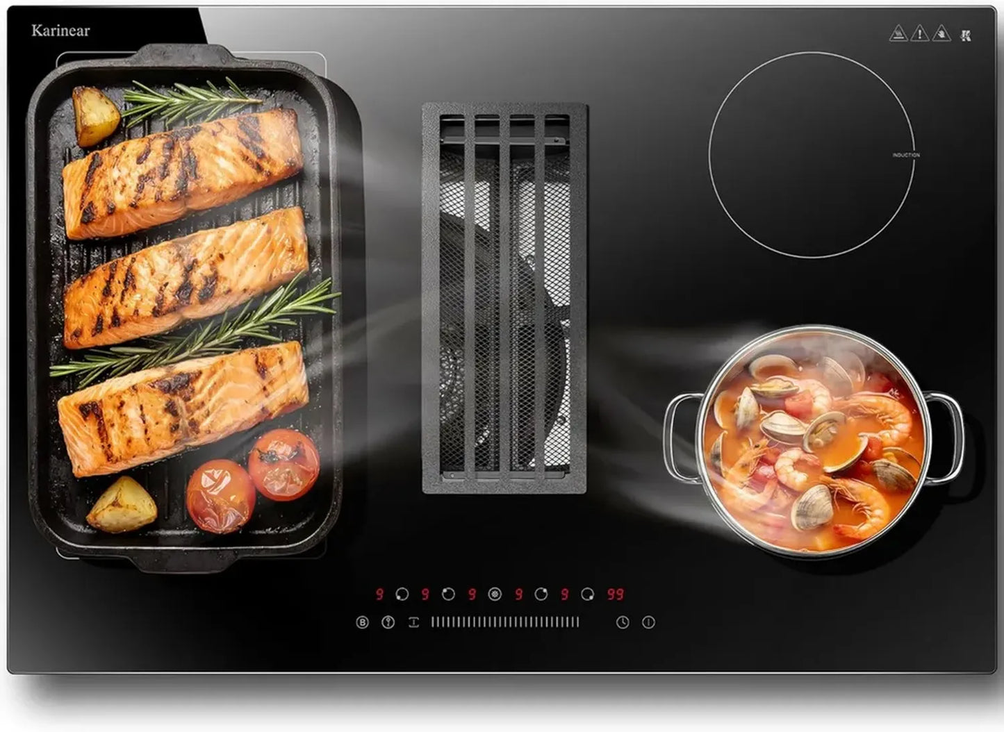 Table de Cuisson Induction 4 Zones avec Hotte 135W, Encastrable 77cm, Karinear, Puissance Maximale 6400W, Fonctions Flexibles et Sécurité Enfants