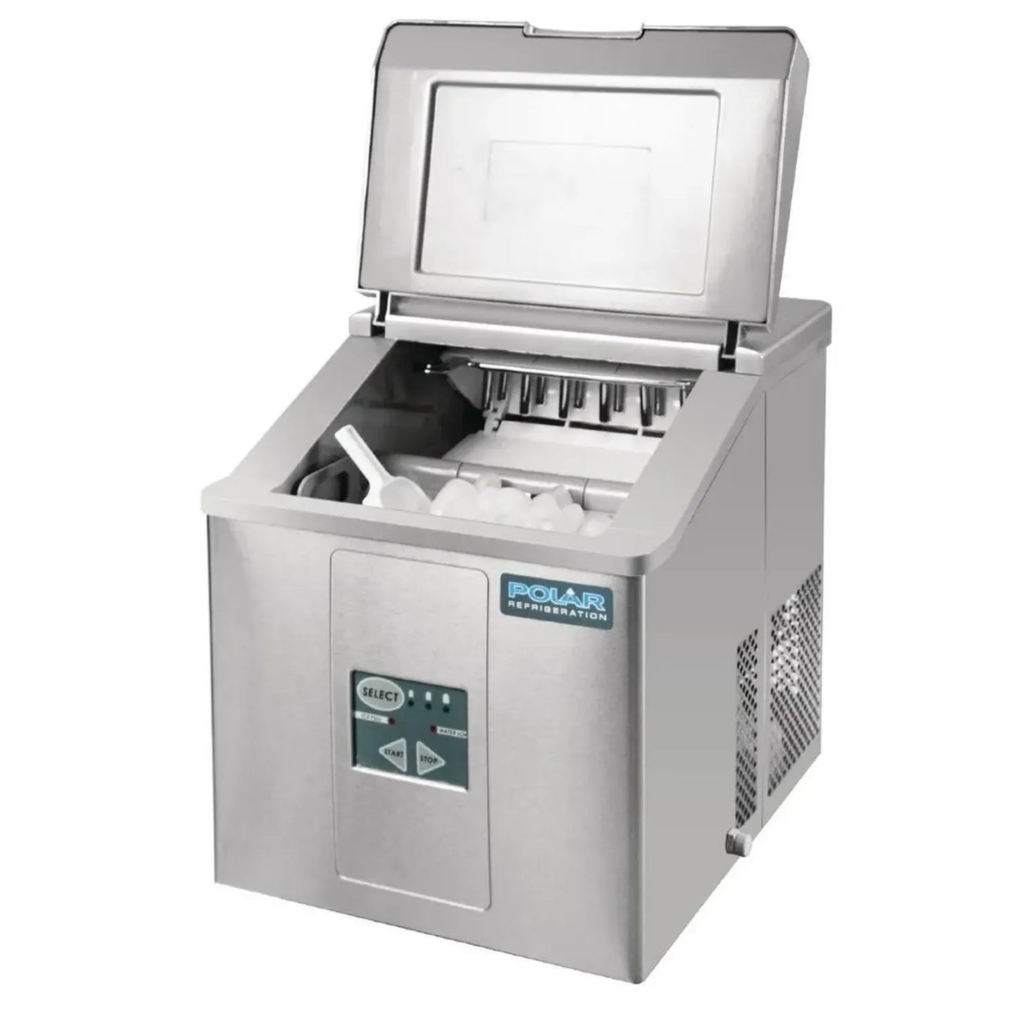Machine à glaçons manuelle Polar C-Series, 110 W, inox, capacité 17 kg, stockage 2 kg, production 120 cubes/h, pelle incluse