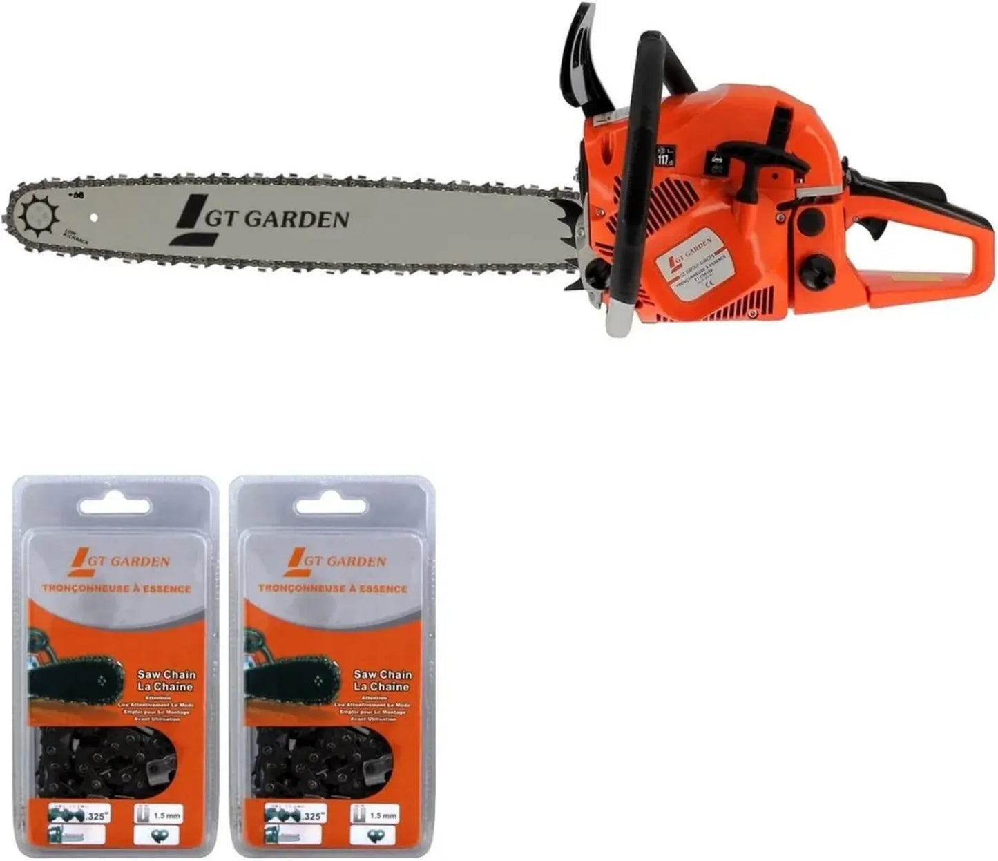 Tronçonneuse Thermique 62cc GT Garden, 3.5 CV, Guide de 55 cm avec 2 Chaînes