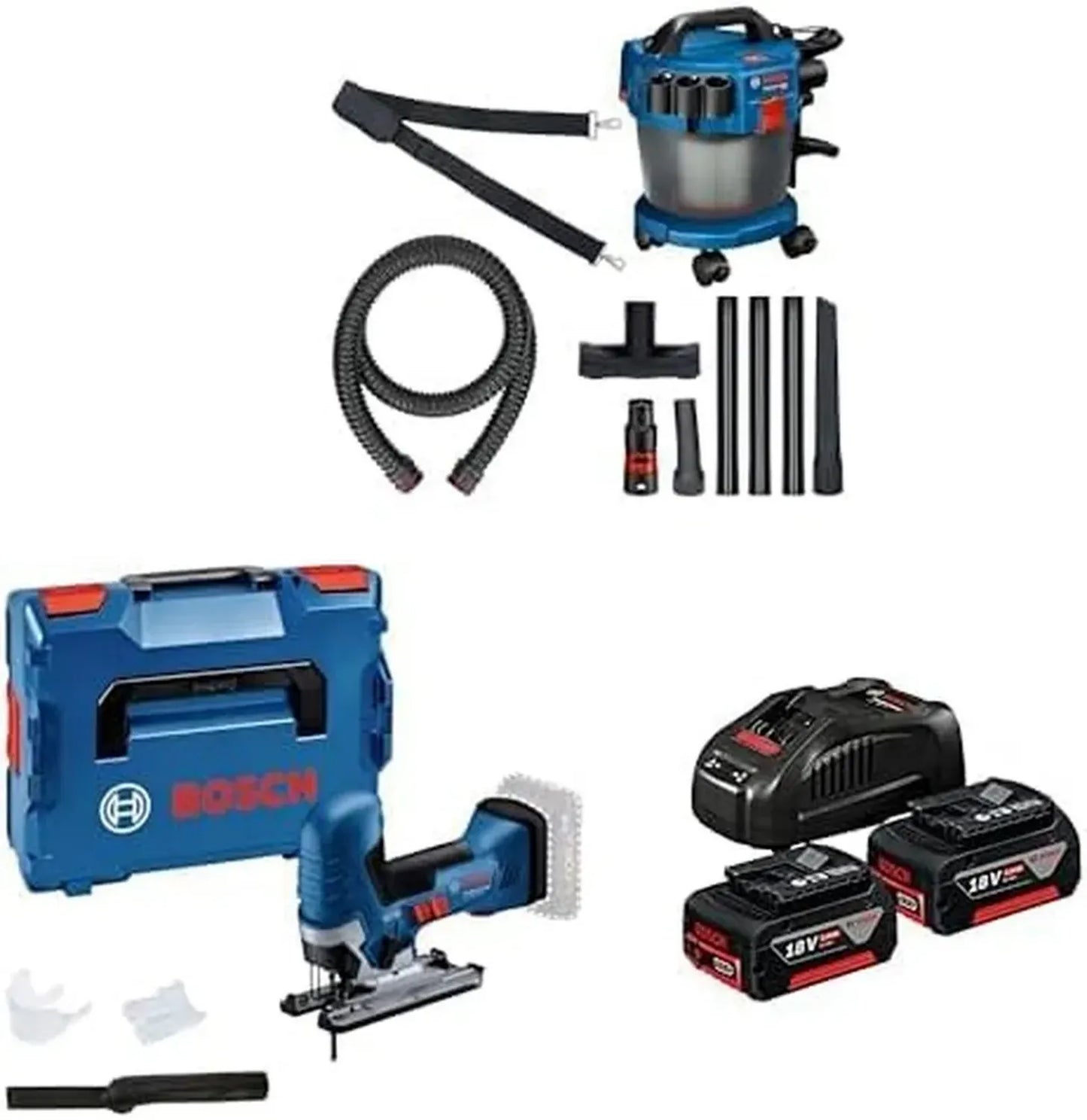 Bosch Ensemble Professionnel : Aspirateur Industriel 18V, Scie Sauteuse Sans Fil et Kit de Démarrage Batteries