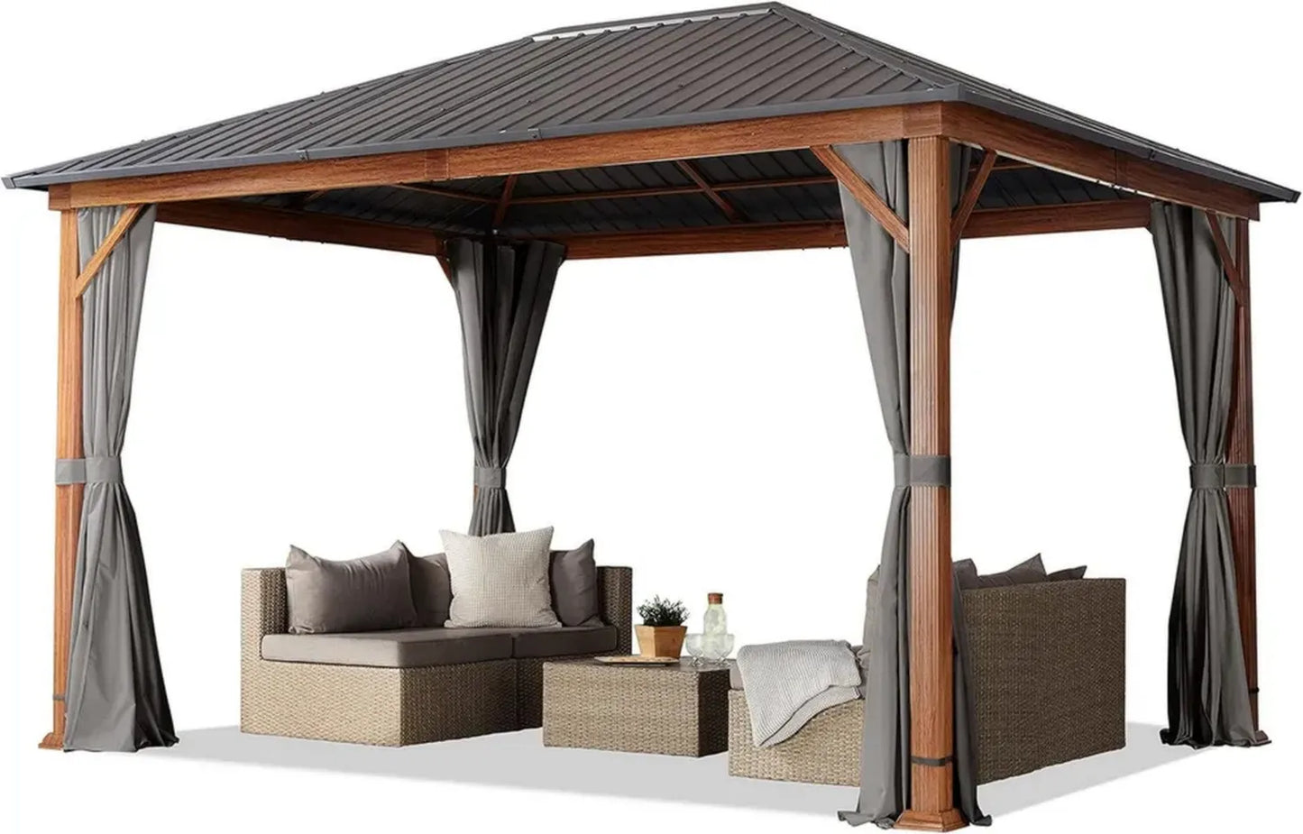 Pergola de Jardin en Imitation Bois 3x4m, Toit Acier, 4 Côtés Latéraux, Couleur Grise