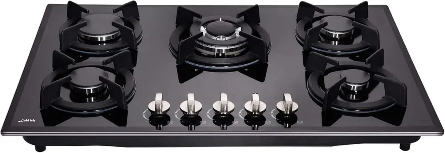 Plaque de cuisson à gaz 76 cm 5 feux avec grilles en verre et fonte – Conversion LPG/NG, Noir
