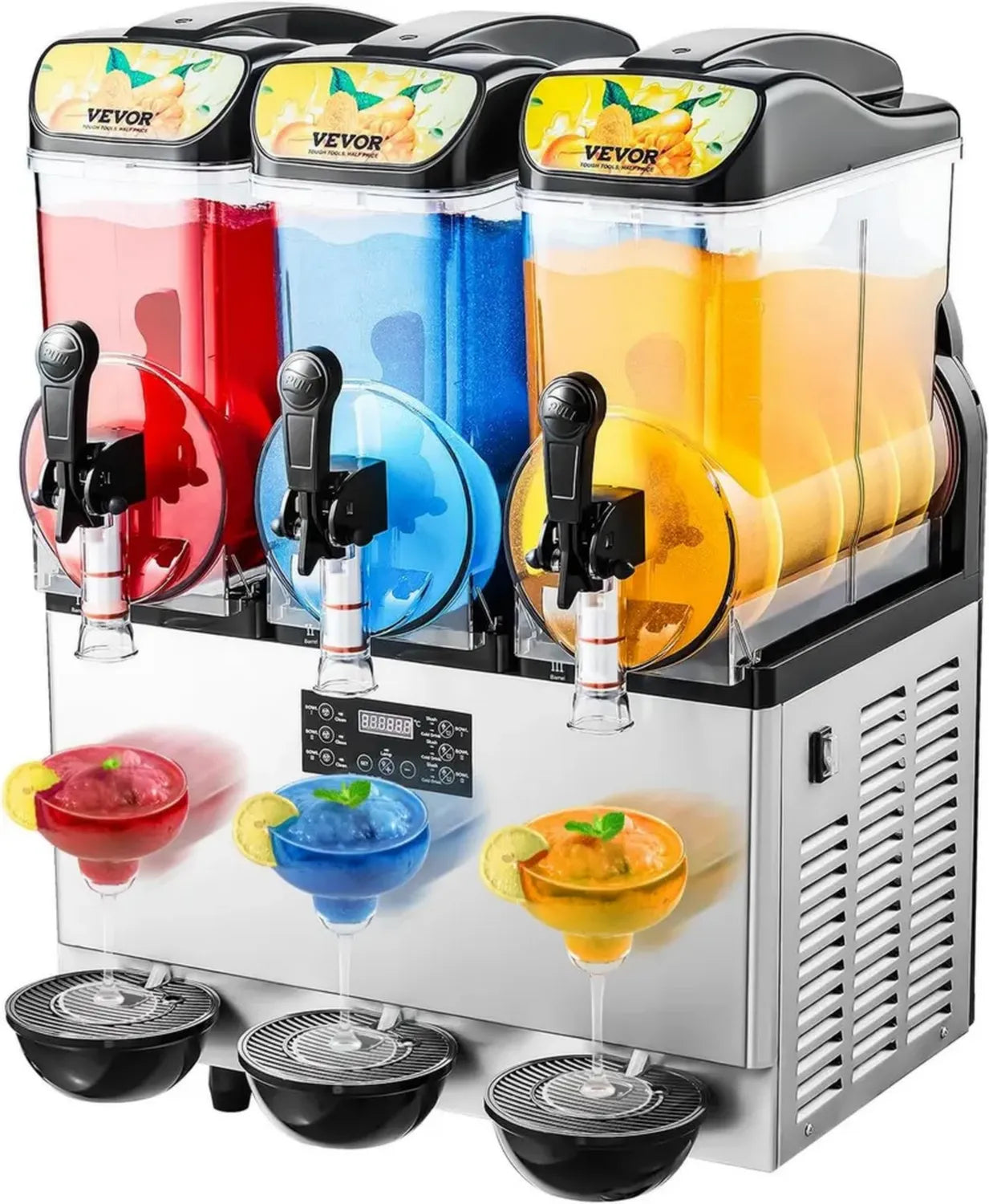 VEVOR Machine à Granité en Acier Inoxydable avec 3 Réservoirs de 15L, Distributeur de Boissons Glacées pour Restaurants, Cafés et Bars