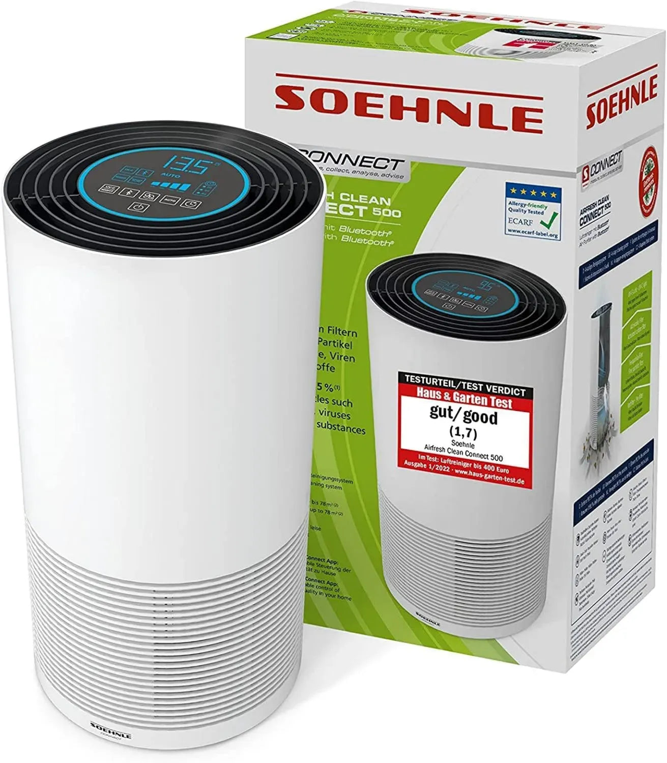 Purificateur d'air intelligent Soehnle AirFresh Clean 500, ultra-silencieux, élimination de 99,5% des allergènes et germes, filtres HEPA et lampe UV