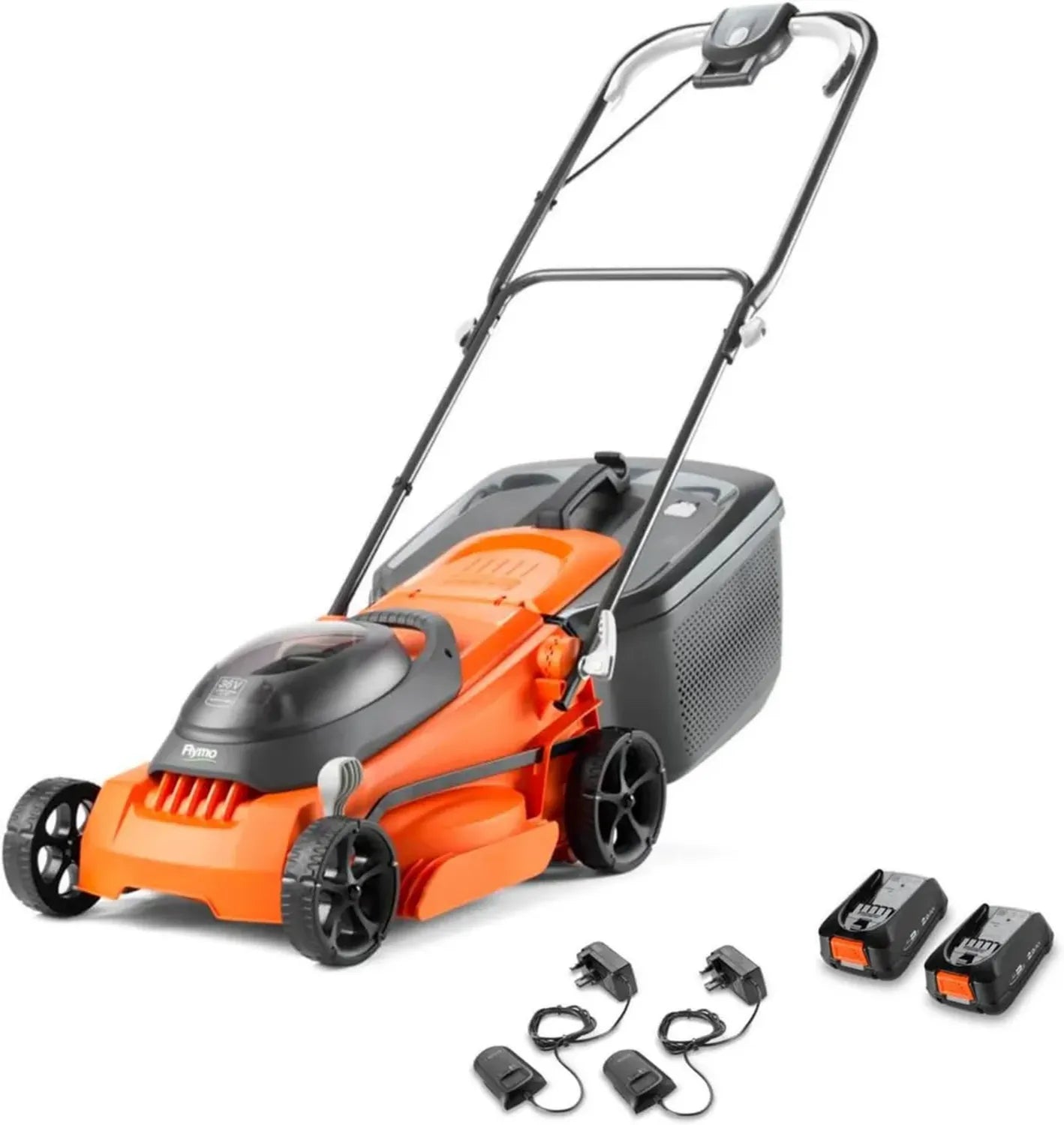 Tondeuse à Gazon Flymo EasiStore 380R Li 36V, Largeur 38 cm, Coupe Bord, Rouleau Arrière, Bac 45L, Batterie Power 4 All, Orange/Gris