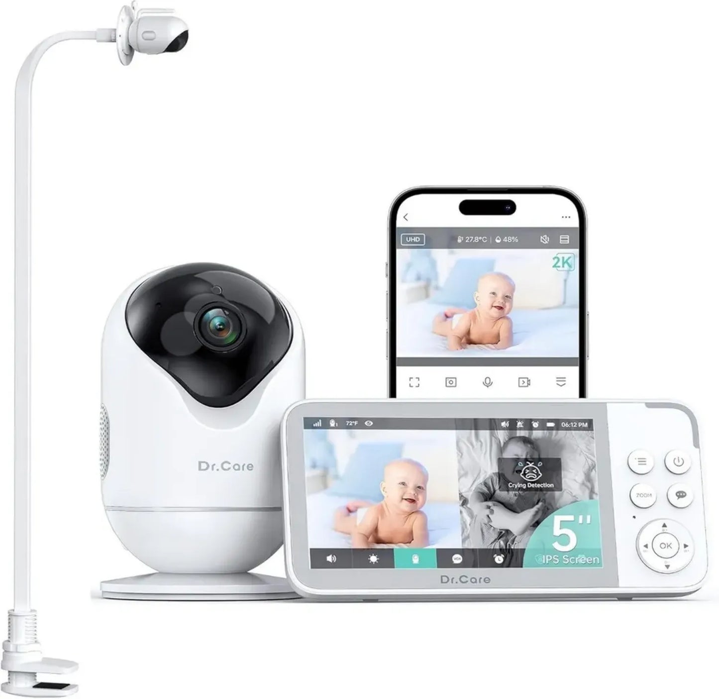 Moniteur Bébé WiFi 5 avec Caméra HD 2K, Application de Contrôle, Alerte de Mouvement et de Pleurs, Vision Nocturne, Batterie Longue Durée 5000mAh