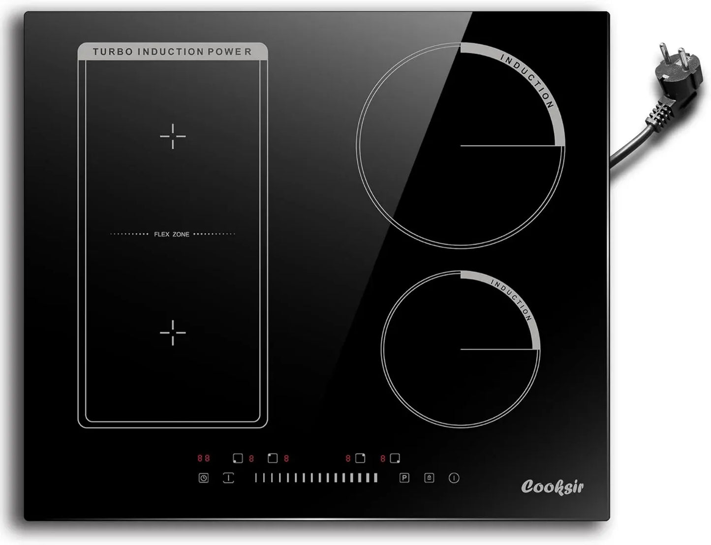 Table de Cuisson à Induction 4 Zones 60cm avec Prise, 3500W, Commande Tactile et Zone Gril Combinée, 220V