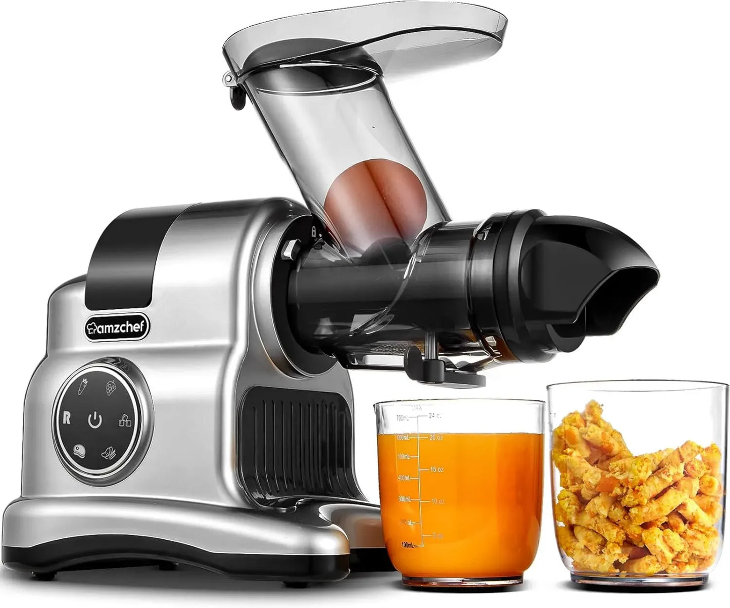 Extracteur de Jus AMZCHEF 150W à Goulotte Large, Jus de Fruits et Légumes, Mastication Lente, 2 Vitesses, Fonction Inverse, Argent
