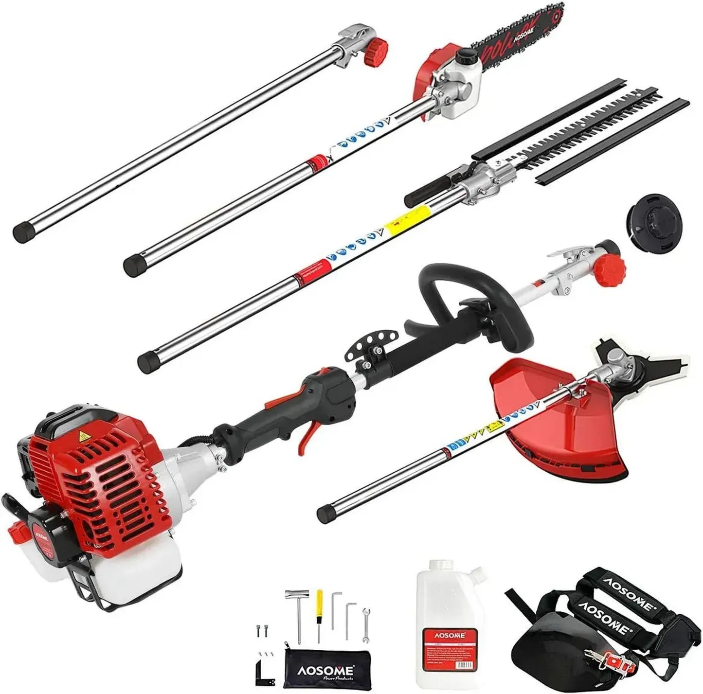 AOSOME Outil Thermique 5 en 1 : Débroussailleuse, Taille-Haie, Tronçonneuse - 52 cm³, 2.2 kW, 3 CV