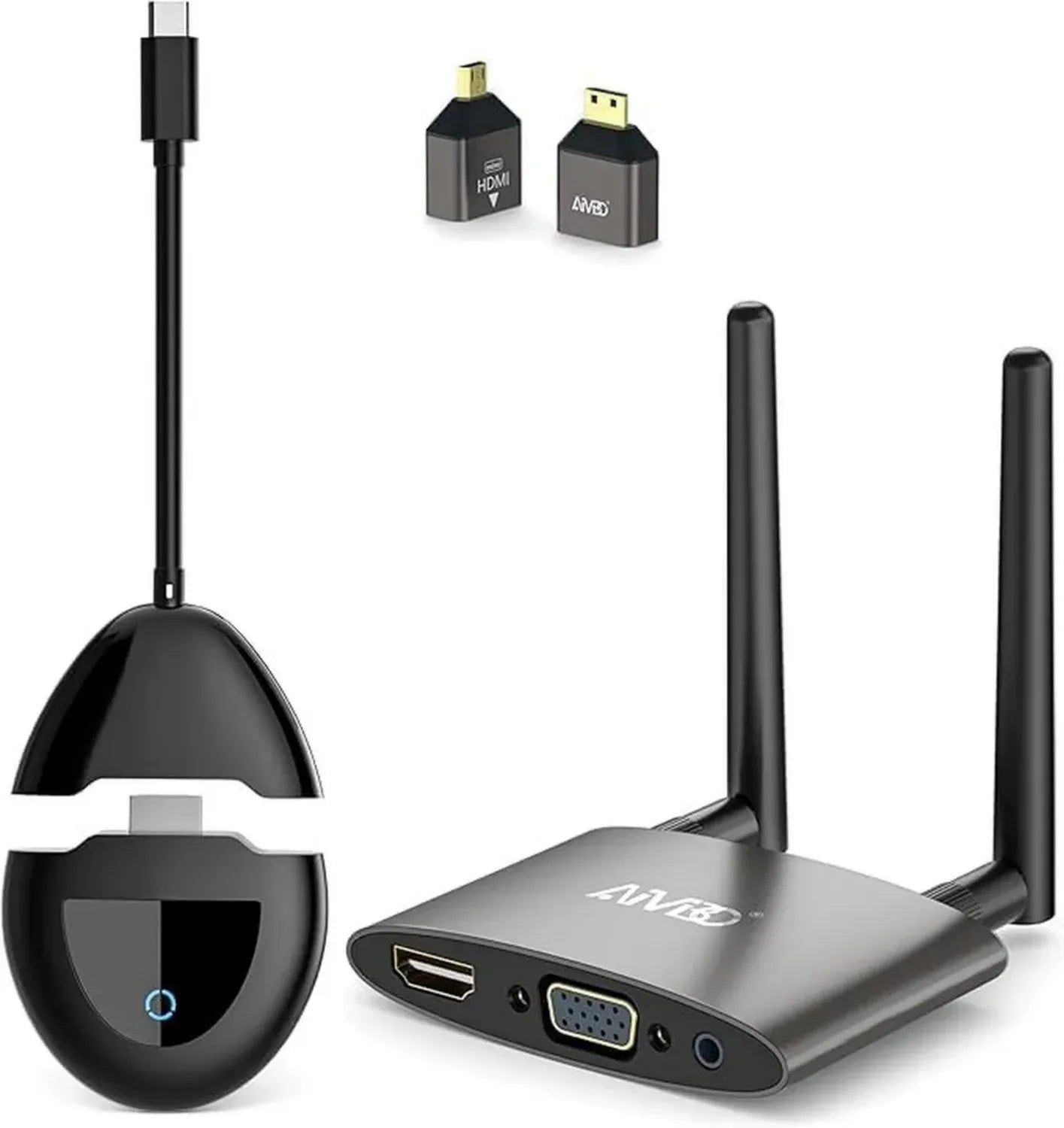 AIMIBO Transmetteur Récepteur Sans Fil USB-C HDMI 5G, Extendeur 4K avec Sorties VGA HDMI, Diffusion PC Téléphone vers TV Projecteur 50M