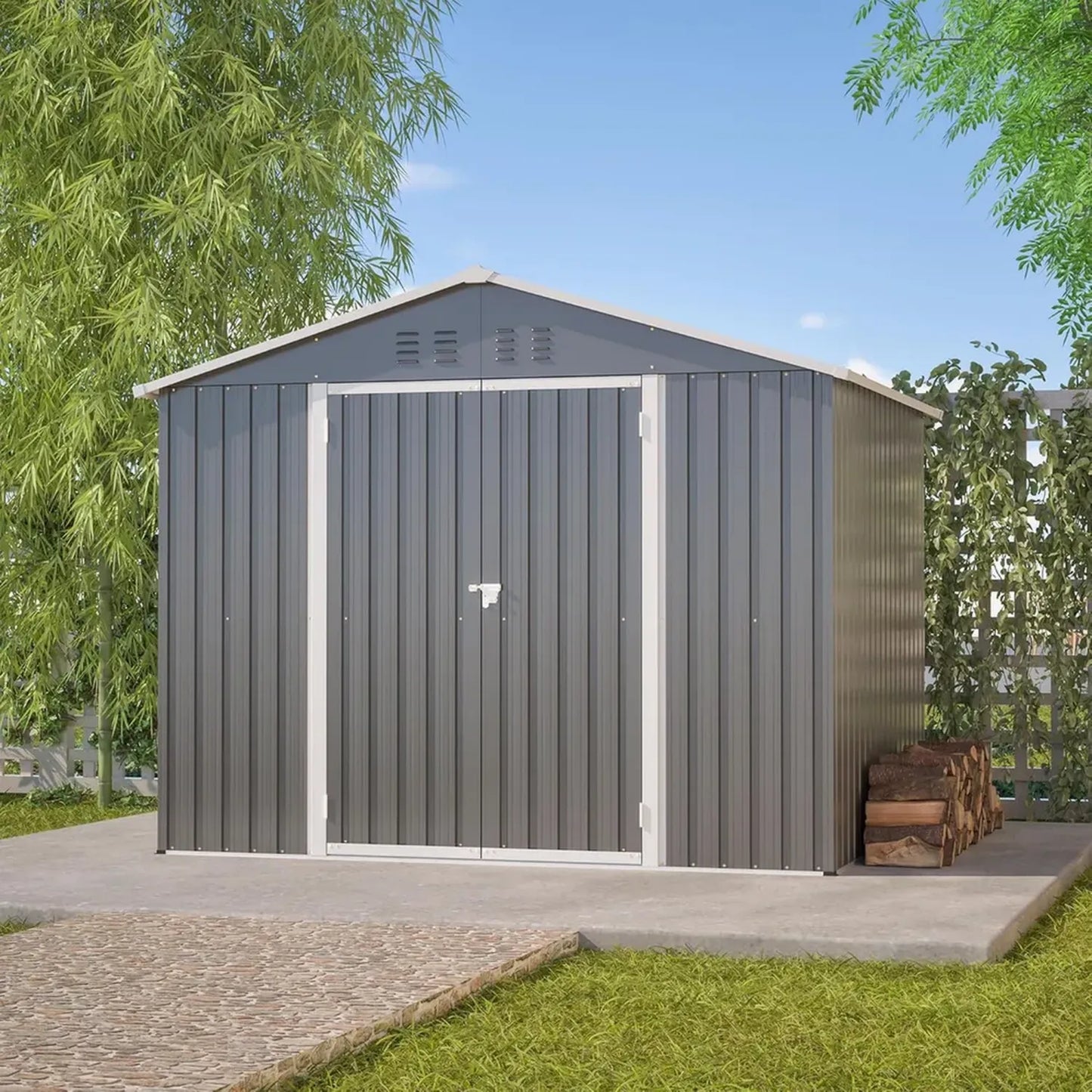 Cabanon de Jardin Métallique 240x192x191 cm avec Toit Apentis et Porte Battante, Gris Anthracite