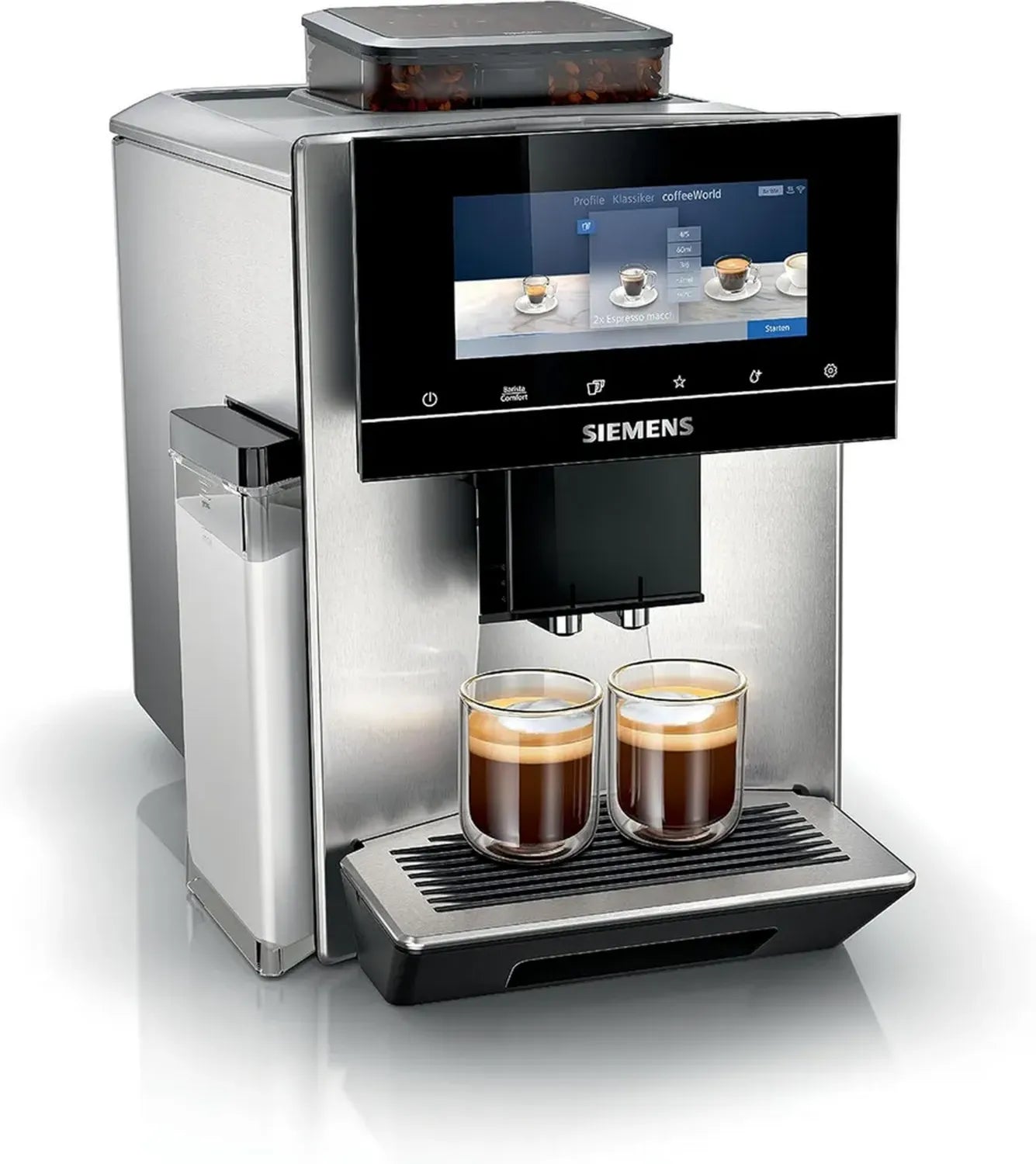 Machine à café automatique Siemens EQ900 avec application et écran tactile, mode barista, AromaBoost, broyeur premium, nettoyage vapeur, 1500W en inox