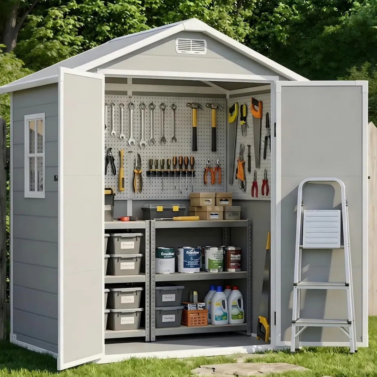 Abri de Jardin Résine Étanche avec Sol, Fenêtre, Porte Verrouillable et Aération, 201x171x129 cm – Idéal pour Outils et Vélos