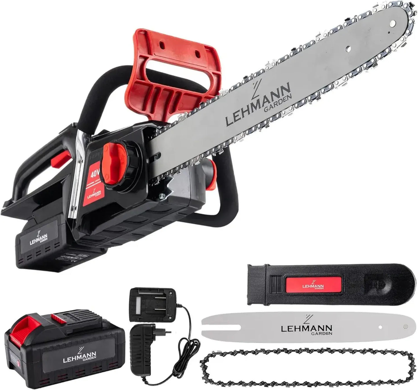 Tronçonneuse Électrique 40V LEHMANN, 40 cm, 19 m/s, Lubrification Auto, Moteur Brushless, Batterie/Chargeur Inclus
