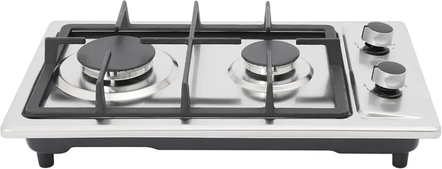 Réchaud à gaz portatif 2 brûleurs avec valve de sécurité, adaptateur inclus, tube de 1,3 m, dimensions 51 x 31 x 10 cm, puissance totale 4,75 kW