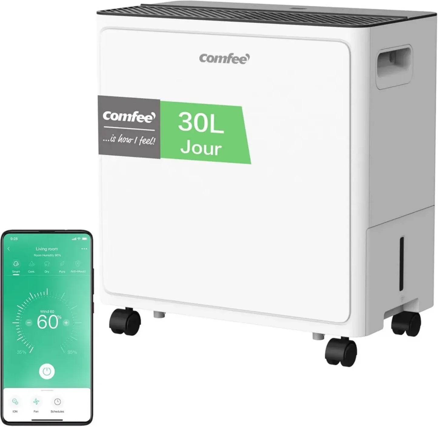 Déshumidificateur COMFEE' 30L/Jour, Sèche-linge avec Minuterie 24H, Réservoir 3L, Mode Confort, Idéal pour Grandes Pièces jusqu'à 73m²