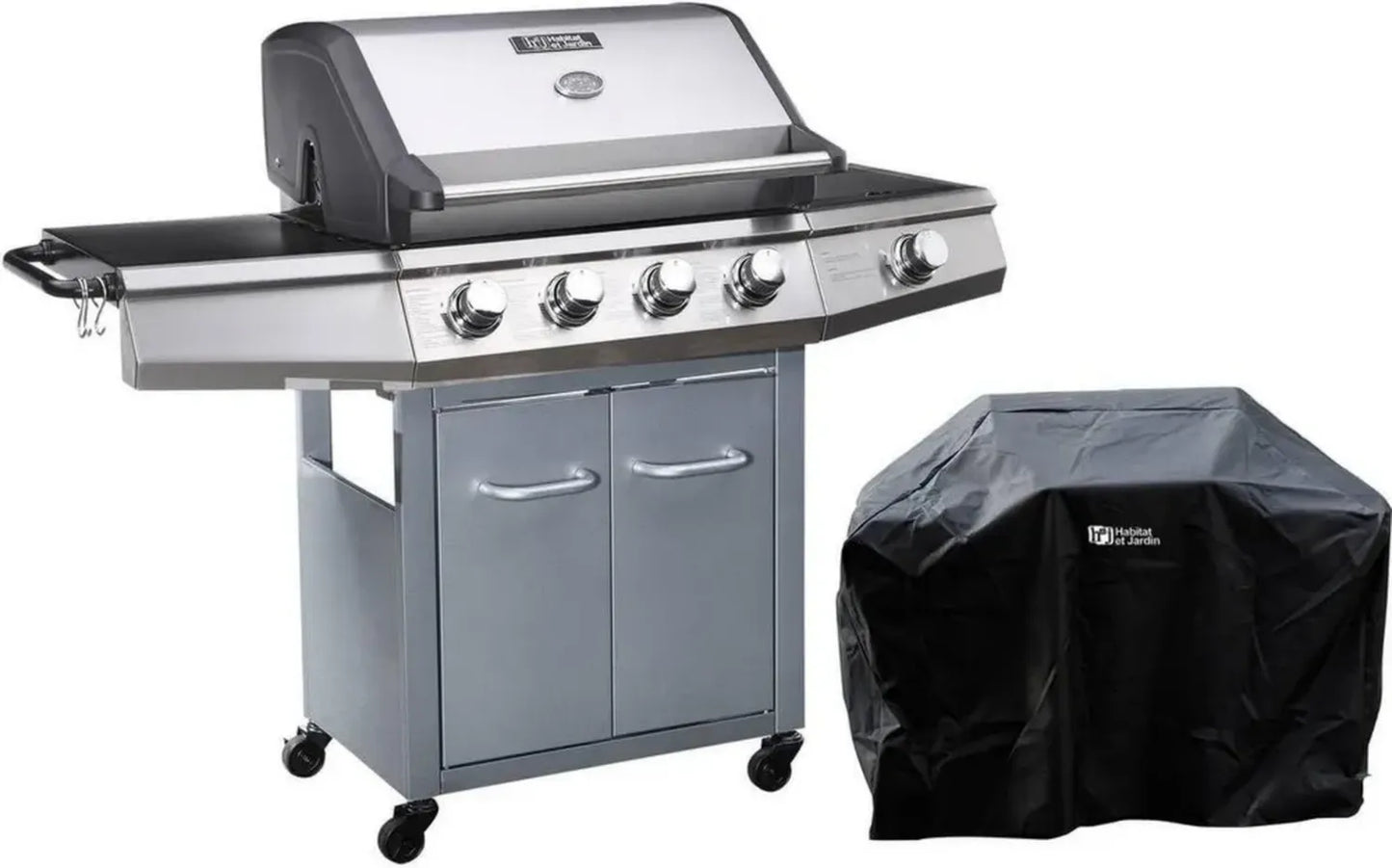 Barbecue à Gaz 5 Brûleurs avec LED et Housse de Protection, 15.2 kW, Argenté
