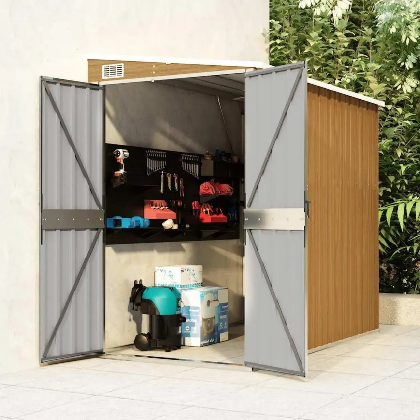 Cabane de Jardin Métallique Marron avec Plancher, 118x194x178 cm, Rangement pour Outils et Bois