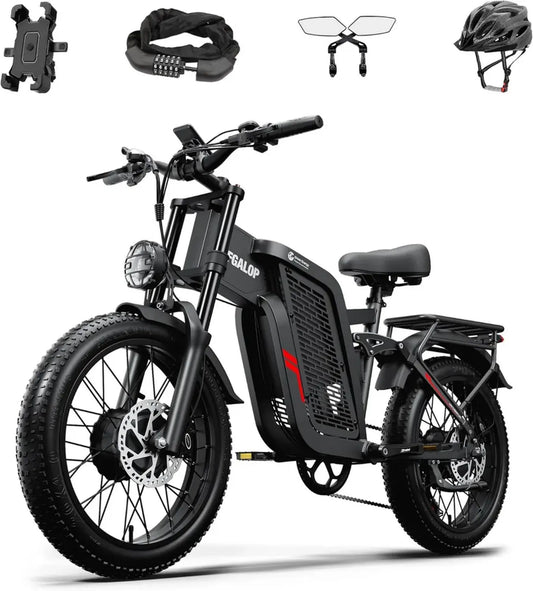 Vélo électrique adulte double moteur 52V, autonomie 90 km, pneus larges 20 pouces
