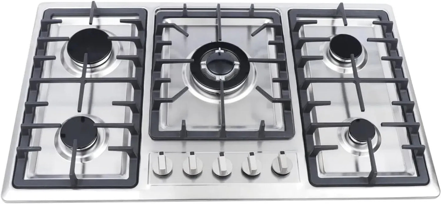 Plaque de cuisson gaz 5 feux en inox - Compatible gaz naturel et propane - Nettoyage facile
