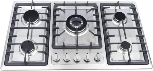 Plaque de cuisson gaz 5 feux en inox - Compatible gaz naturel et propane - Nettoyage facile