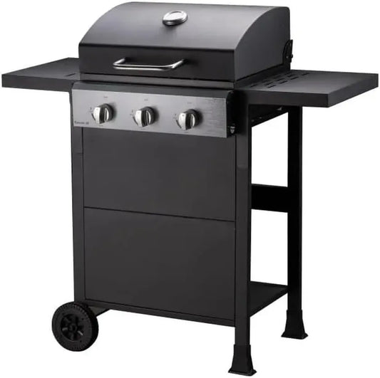 Barbecue à Gaz 3 Brûleurs avec Chariot et Tablettes Rétractables - Surface Émaillée 49x39 cm - Noir