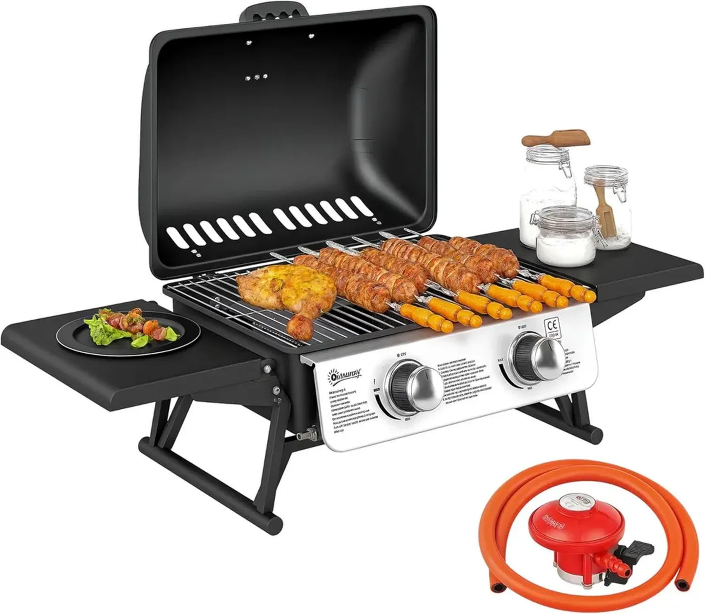 Gril à Gaz Portable 2 Brûleurs avec Tables Pliantes et Thermomètre - Idéal pour Jardin, Camping et Pique-Nique