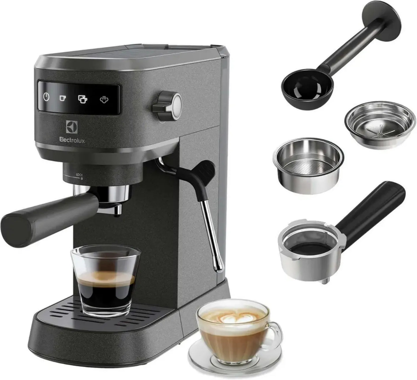 Machine à expresso cappuccino Electrolux Explore 6, technologie Thermo Block, compatibilité dosettes ESE, égouttoir amovible, mousseur à lait, noir