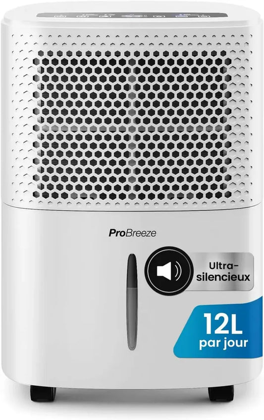 Déshumidificateur Pro Breeze 12L/24h - Silencieux 40 dB, Réservoir 1,8L, Drainage Continu, Minuterie 24h, Anti-Humidité et Moisissure
