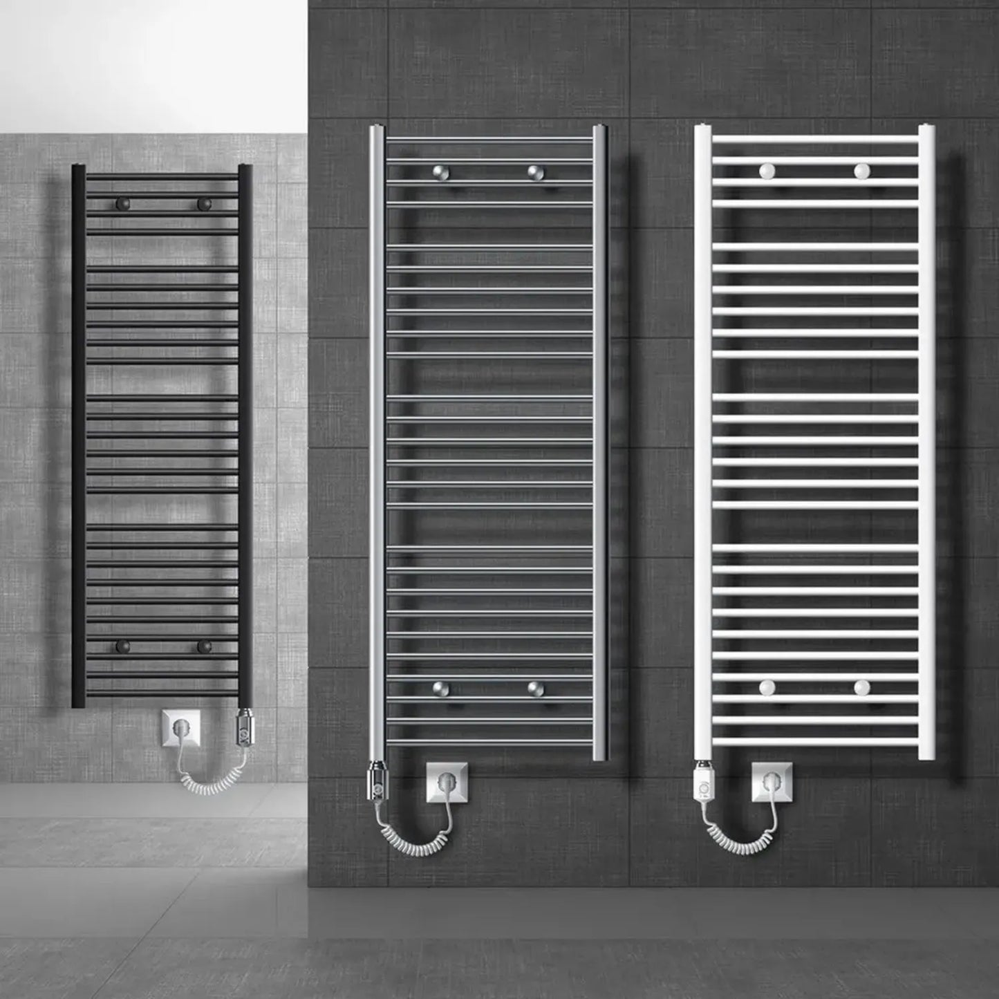 Radiateur Électrique de Salle de Bain ECD Germany 1200W, Design Courbé, 400x1500 mm, Blanc, Sèche-Serviettes avec Raccords Latéraux