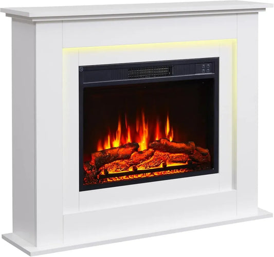 BALDERIA Cheminée Électrique Finn - Chauffage au Sol 2000 W, Flamme 3D Réaliste, Éclairage Ambiance, Télécommande, Minuterie, Thermostat - Blanc