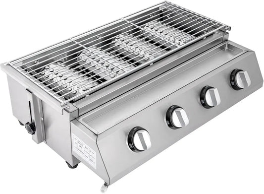 Grill à Gaz 4 Brûleurs en Acier Inoxydable, Portable avec Bac à Huile, Hauteur Réglable pour Jardin