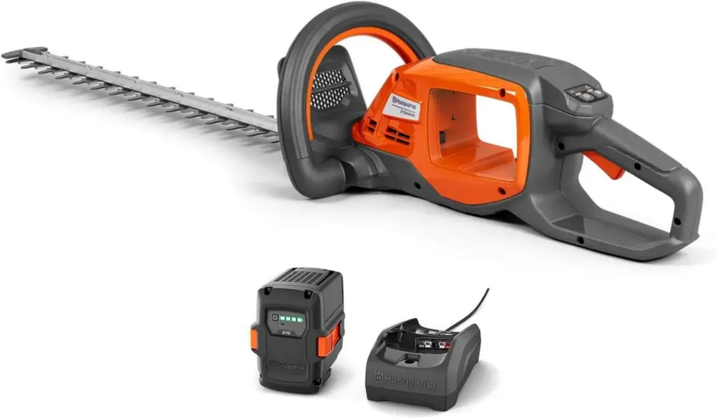 Taille-haie sans fil Husqvarna 215iHD45 avec batterie BLi10 et chargeur rapide, idéal pour entretien intensif et silencieux