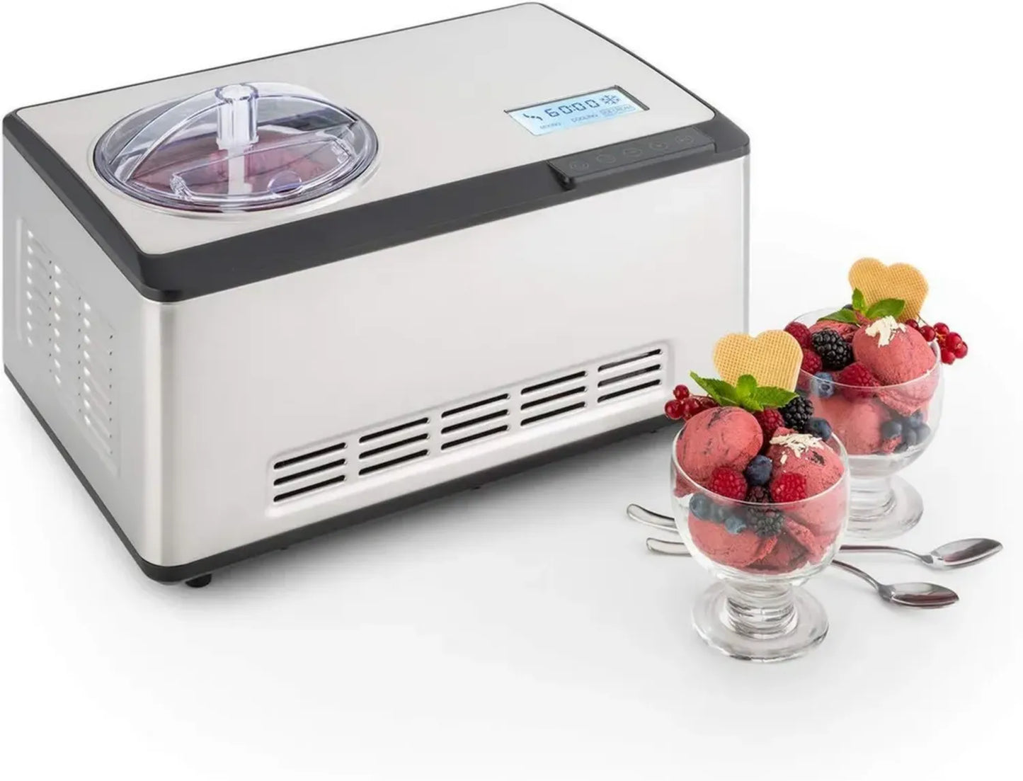 Klarstein Dolce Bacio - Sorbetière avec compresseur, 2L, Écran LCD, Acier inoxydable