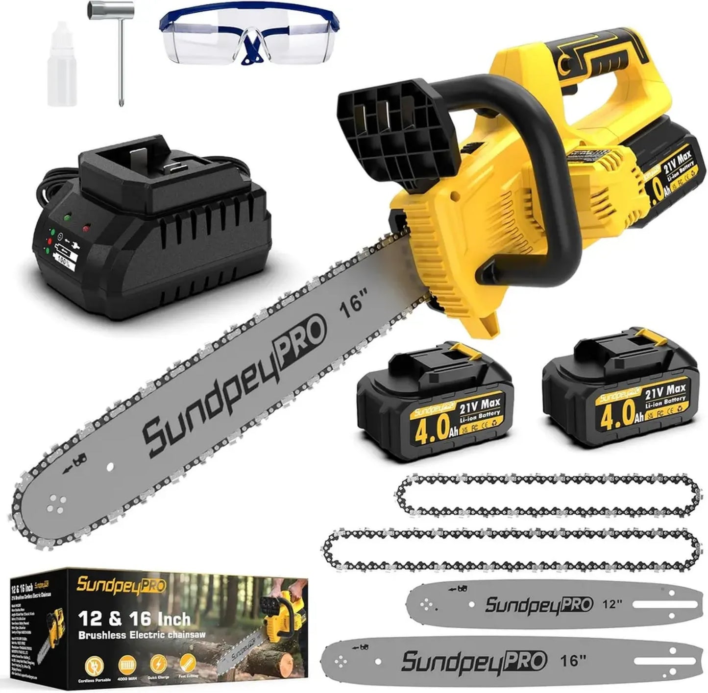 Scie à chaîne sans fil 30,5/40,6 cm avec moteur brushless, 2 batteries 4000 mAh et chargeur rapide