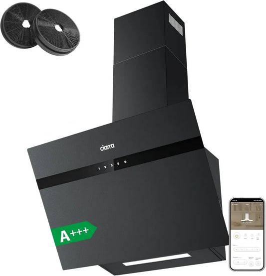 Hotte Inclinée 60 cm Ciarra AS6736HG - Classe Énergétique A+++ - 650 m³/h - Commande Tactile - 3 Vitesses + Boost - Éclairage LED Ajustable - Filtre à Charbon Inclus