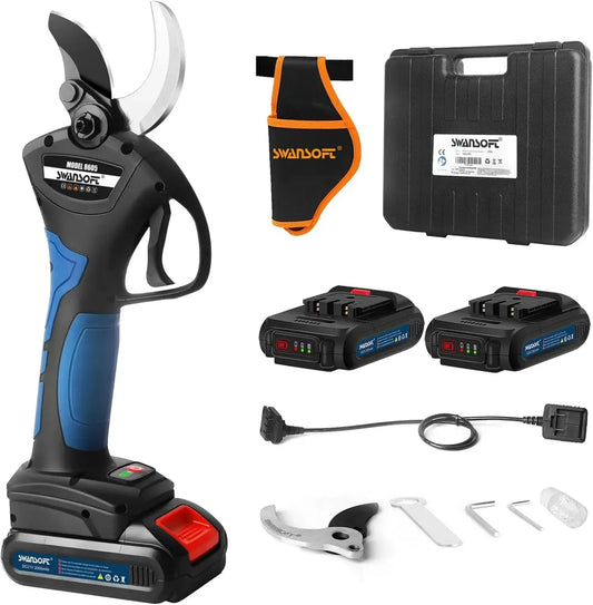 Sécateur Électrique Sans Fil SWANSOFT 8605, 40mm Coupe Progressive, 1050W 21V avec 2 Batteries 2Ah, Idéal pour Vignes et Arbres Fruitiers