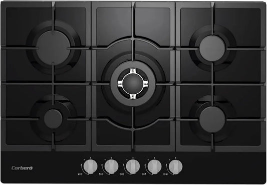 Plaque de cuisson en verre noir 75 cm, 5 zones, avec Wok, 8,5 kW, auto-allumage, arrêt automatique