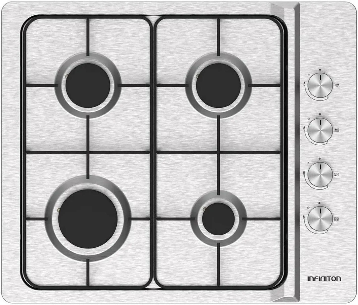 Plaque de Cuisson à Gaz INFINITON 60 cm, 4 Brûleurs Amovibles, Arrêt Automatique, Commandes Latérales, Acier Inoxydable