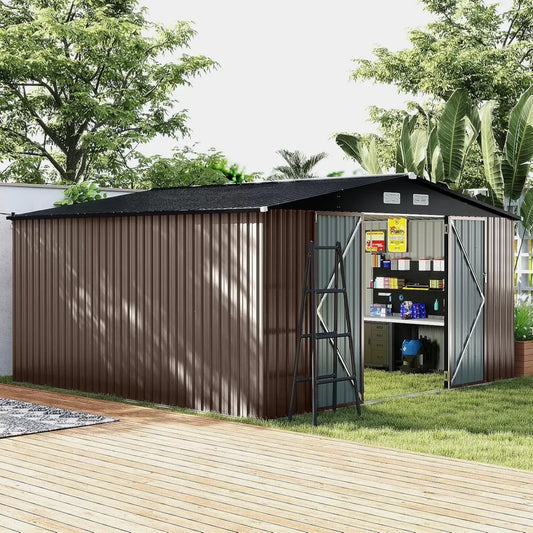 COSTWAY Abri de Jardin Métallique 12 m², Toit à Double Pente, Portes Verrouillables avec Clé, 4 Aérations, Cabane Extérieure pour Rangement, Anthracite