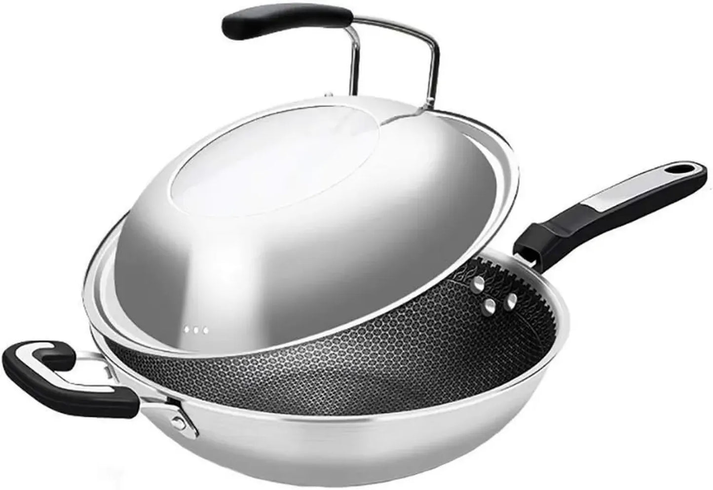 Wok Universel en Acier Inoxydable 34cm avec Couvercle pour Induction