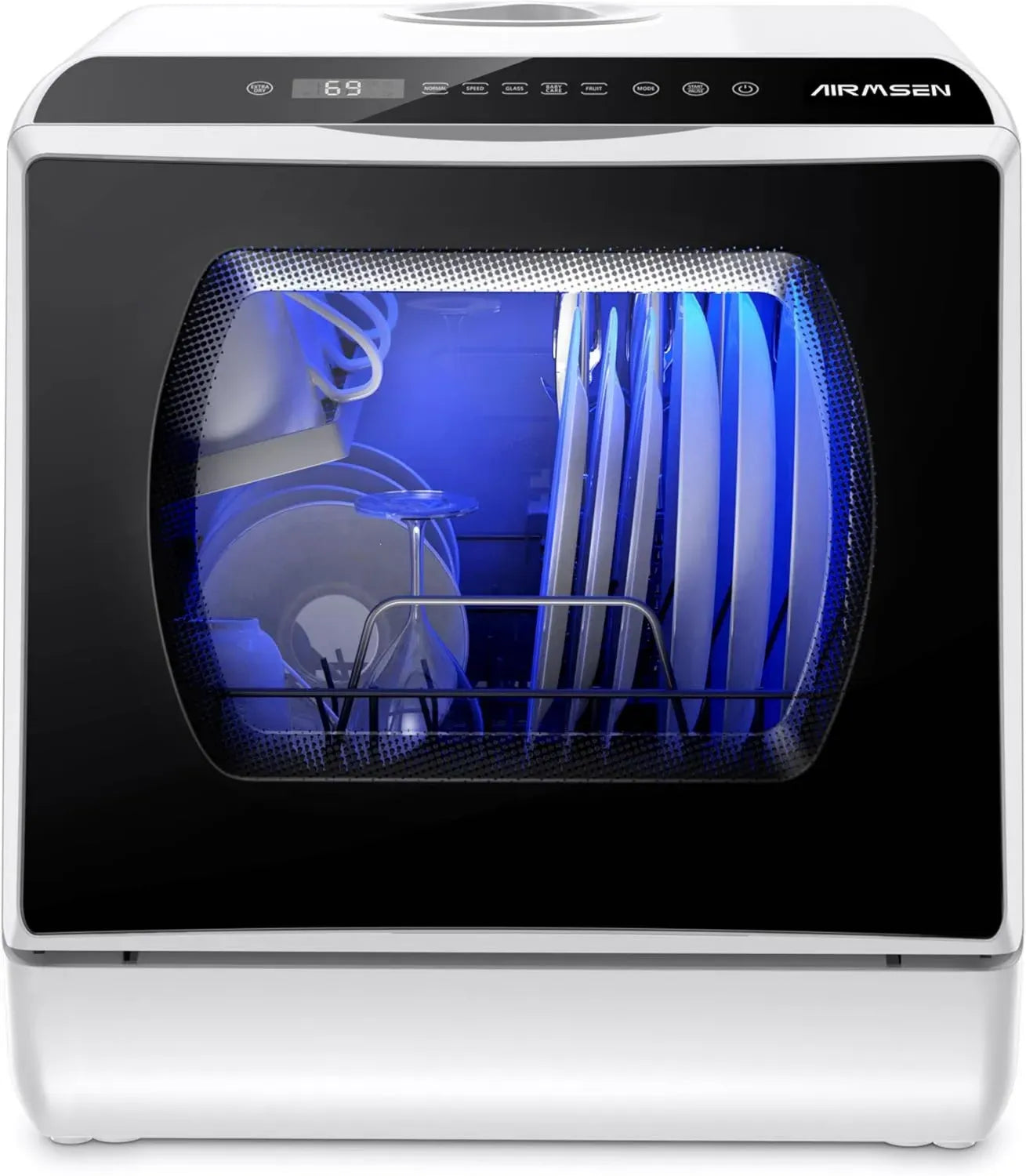 Mini Lave-Vaisselle de Comptoir AIRMSEN, 6 Programmes, Réservoir 5L, Écran LED Tactile, Idéal pour Familles et Petits Espaces, Blanc/Noir