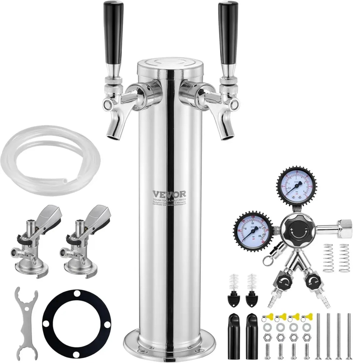 Distributeur de Bière 2 Robinets en Acier Inoxydable avec Régulateur Double Jauge