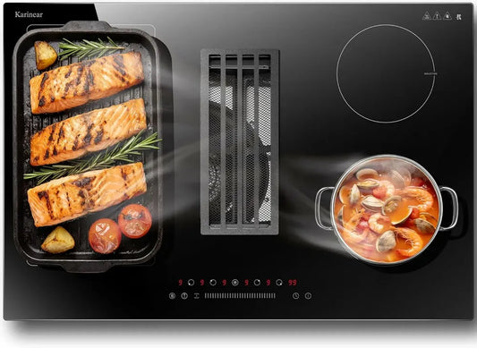 Table de Cuisson Induction 4 Zones avec Hotte 135W, Encastrable 77cm, Karinear, Puissance Maximale 6400W, Fonctions Flexibles et Sécurité Enfants