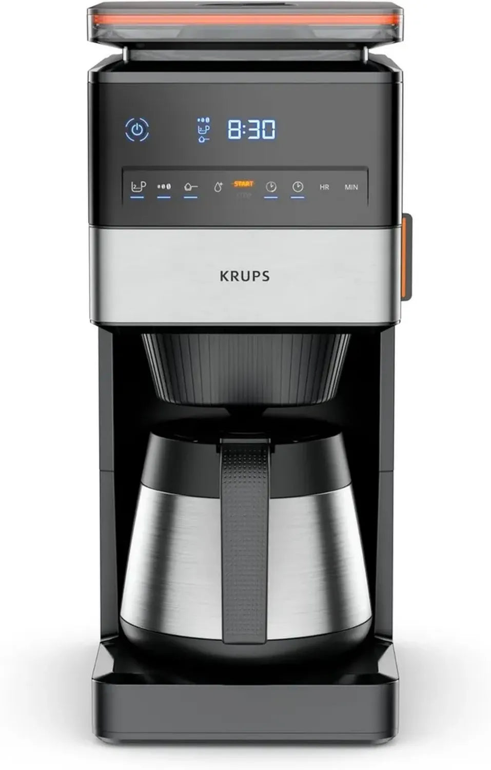 Machine à café filtre Krups Grind Aroma XL avec broyeur amovible, panneau numérique, capacité 1,25L, carafe thermos inox, noir