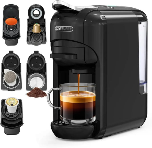 Machine à café 5 en 1 avec capsules, infusion chaude et froide, 19 bars, compatible Nec* Original, DG*, Kcup, dosettes ESE et café moulu, réglable, 0,6 L, noir