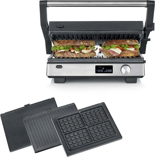 Grill Électrique SEVERIN 3-en-1 pour Viandes, Légumes et Paninis, Plaques Antiadhésives, 2000W, Inox/Noir