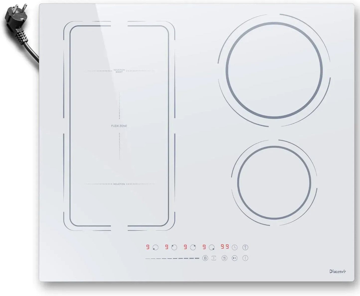 Table de Cuisson Induction 4 Zones 60 cm, 3500W, 9 Niveaux, Boost, Sécurité Enfants, Minuterie, Blanche