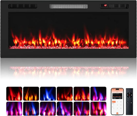 Cheminée Électrique Murale avec Effet de Flamme Réaliste, Puissance 750W/1500W, Écran LED Multicolore, Minuterie 12H, Télécommande Incluse